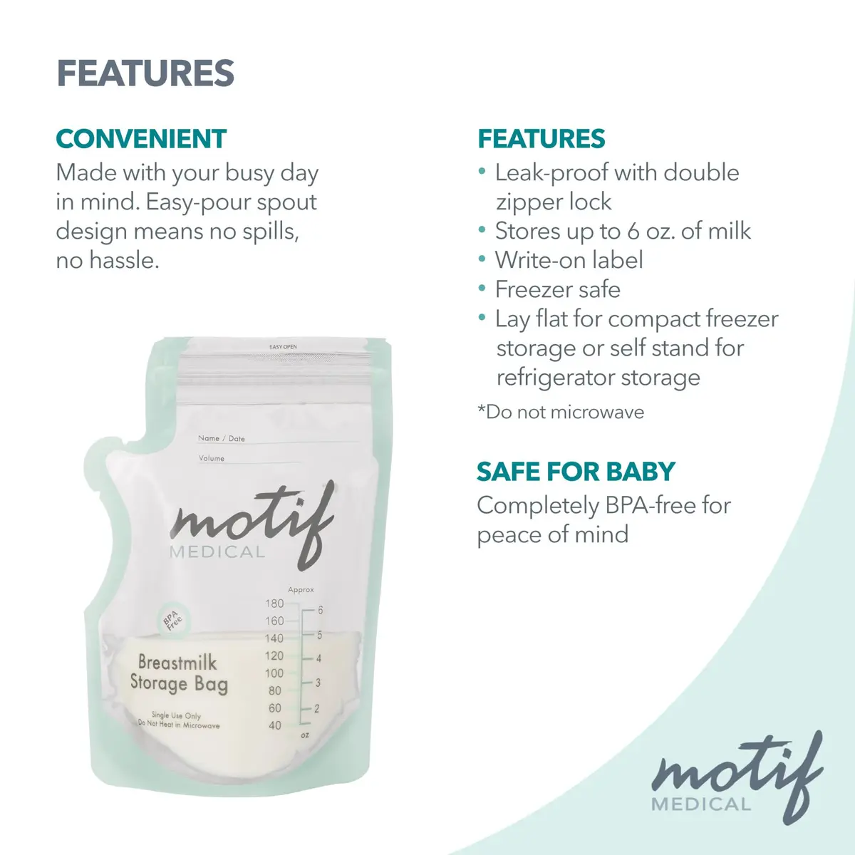 Motif Medical Breastmilk Storage Bags 6 oz (90 Count) | BPA-Free, Leak-Proof, Easy-Pour Spout - view 5
