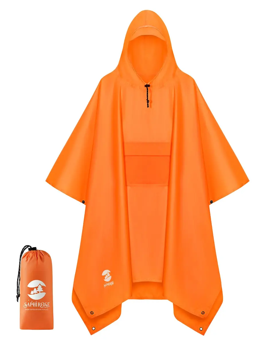 SaphiRose Double Layer Rain Poncho Orange | 230T Polyester PU 5000MM Waterproof, 3-in-1 Ground Mat Tarp Shelter - main product image