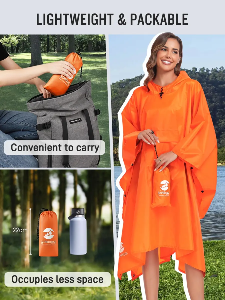 SaphiRose Double Layer Rain Poncho Orange | 230T Polyester PU 5000MM Waterproof, 3-in-1 Ground Mat Tarp Shelter - view 5