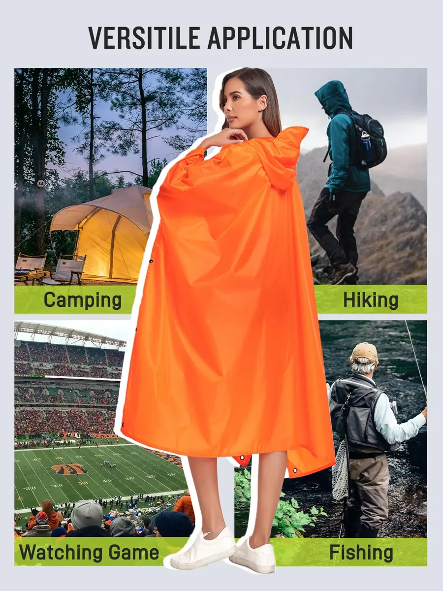 SaphiRose Double Layer Rain Poncho Orange | 230T Polyester PU 5000MM Waterproof, 3-in-1 Ground Mat Tarp Shelter - view 6