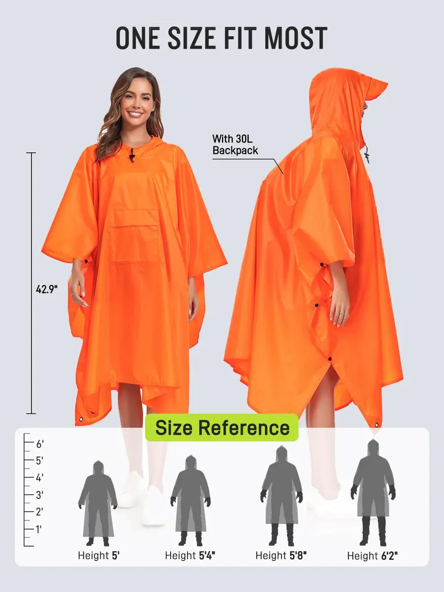 SaphiRose Double Layer Rain Poncho Orange | 230T Polyester PU 5000MM Waterproof, 3-in-1 Ground Mat Tarp Shelter - view 2