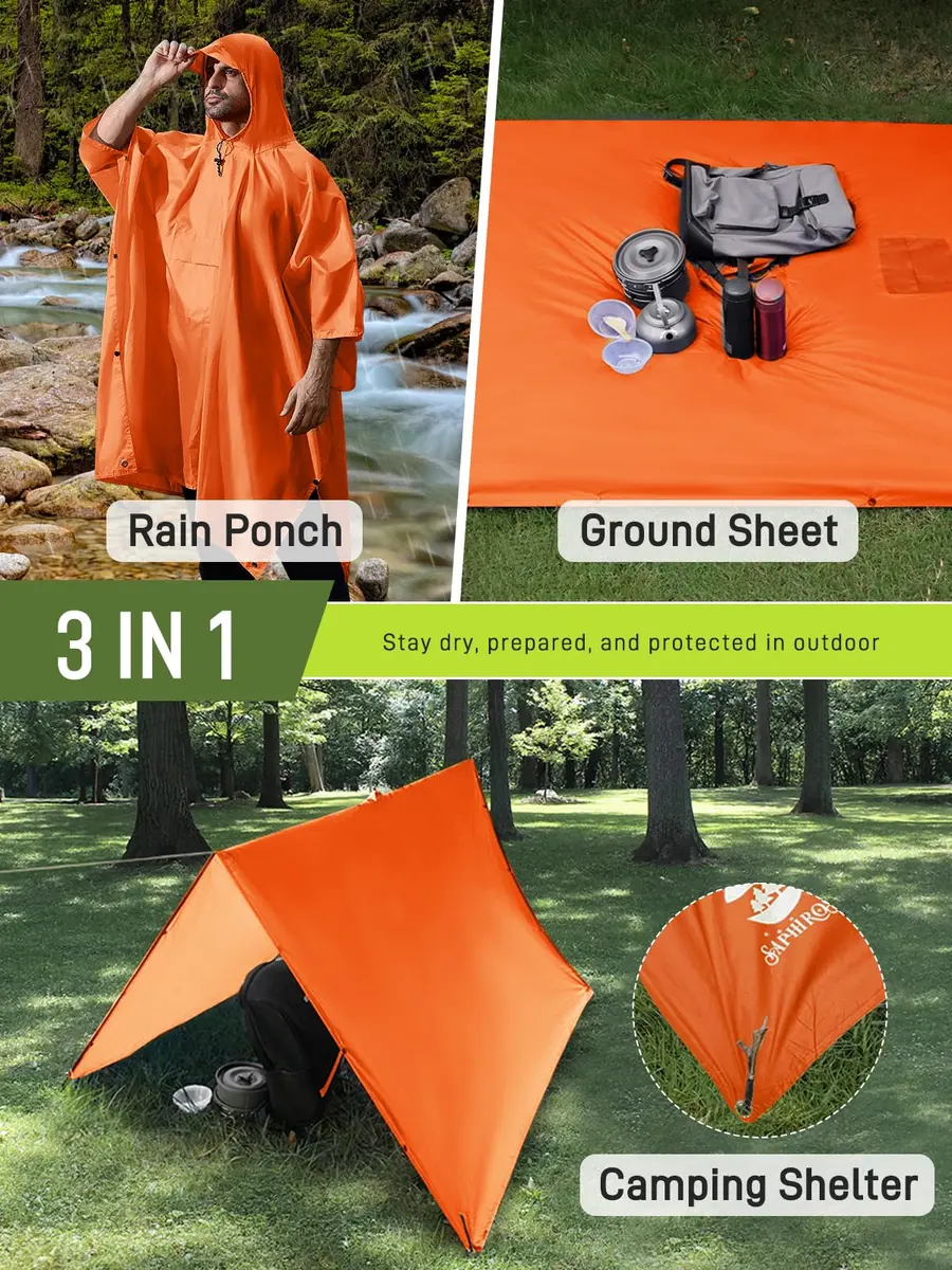 SaphiRose Double Layer Rain Poncho Orange | 230T Polyester PU 5000MM Waterproof, 3-in-1 Ground Mat Tarp Shelter - view 3