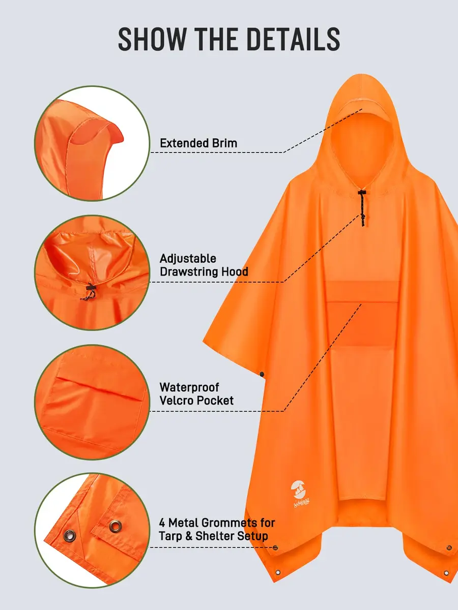 SaphiRose Double Layer Rain Poncho Orange | 230T Polyester PU 5000MM Waterproof, 3-in-1 Ground Mat Tarp Shelter - view 4