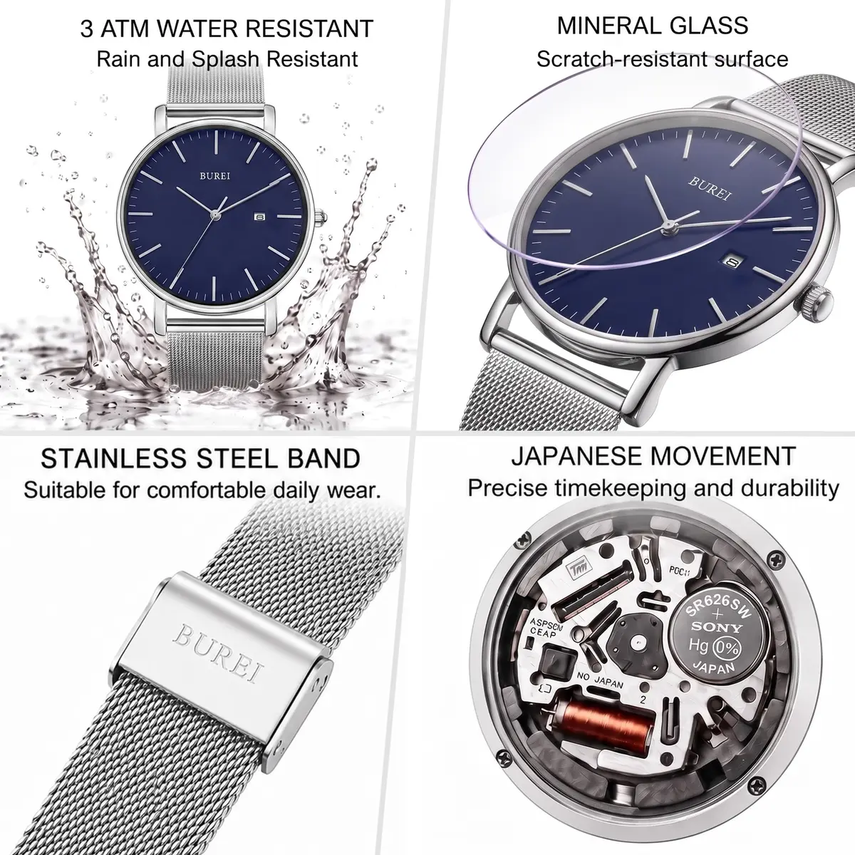 BUREI Men Wrist Watch Minimalist Analog Quartz Waterproof 7.2mm (Silver) | Light-Luxury Design - view 5