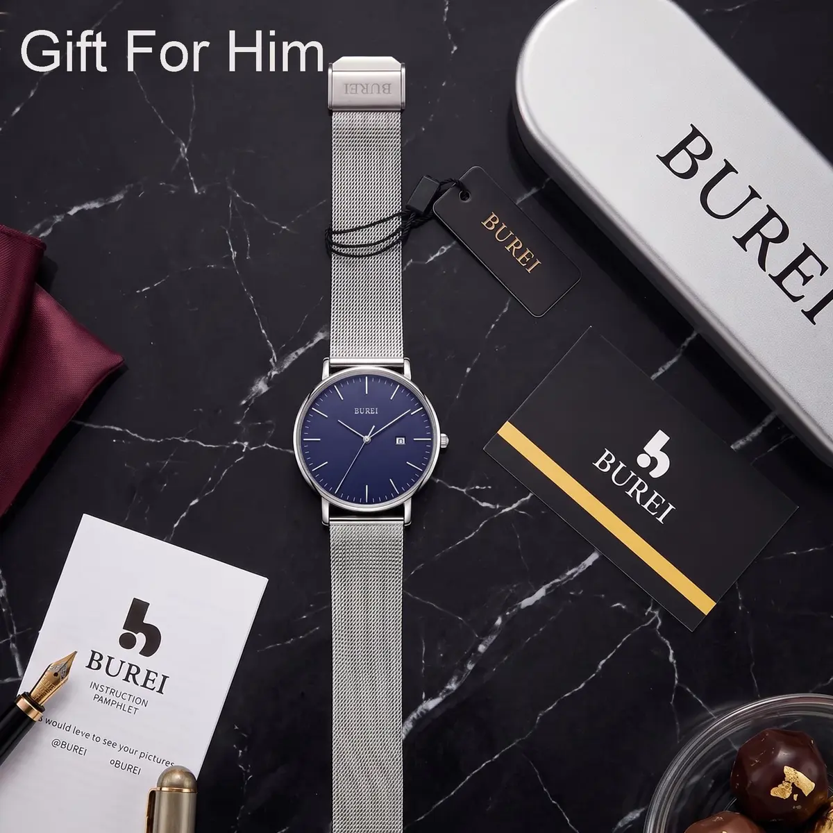 BUREI Men Wrist Watch Minimalist Analog Quartz Waterproof 7.2mm (Silver) | Light-Luxury Design - view 6