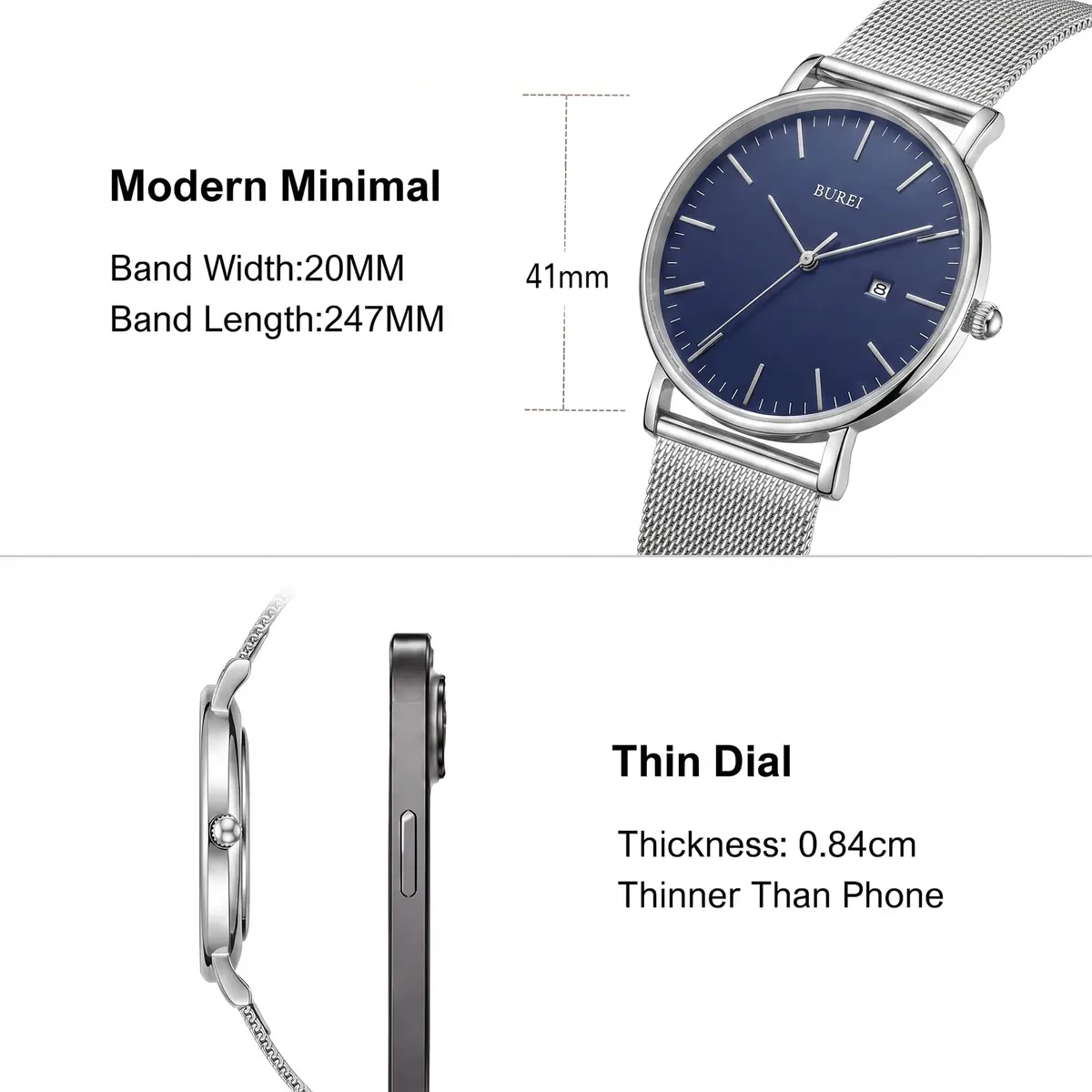 BUREI Men Wrist Watch Minimalist Analog Quartz Waterproof 7.2mm (Silver) | Light-Luxury Design - view 2