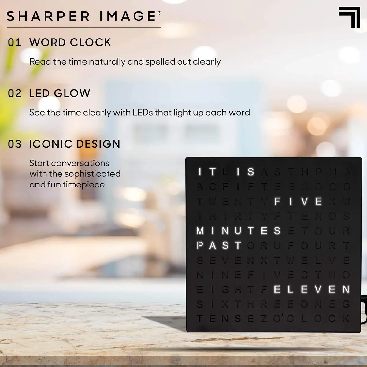Sharper Image LED Word Digital Clock 7.75" Black Finish | Modern Time Display with Illuminated Words - view 4