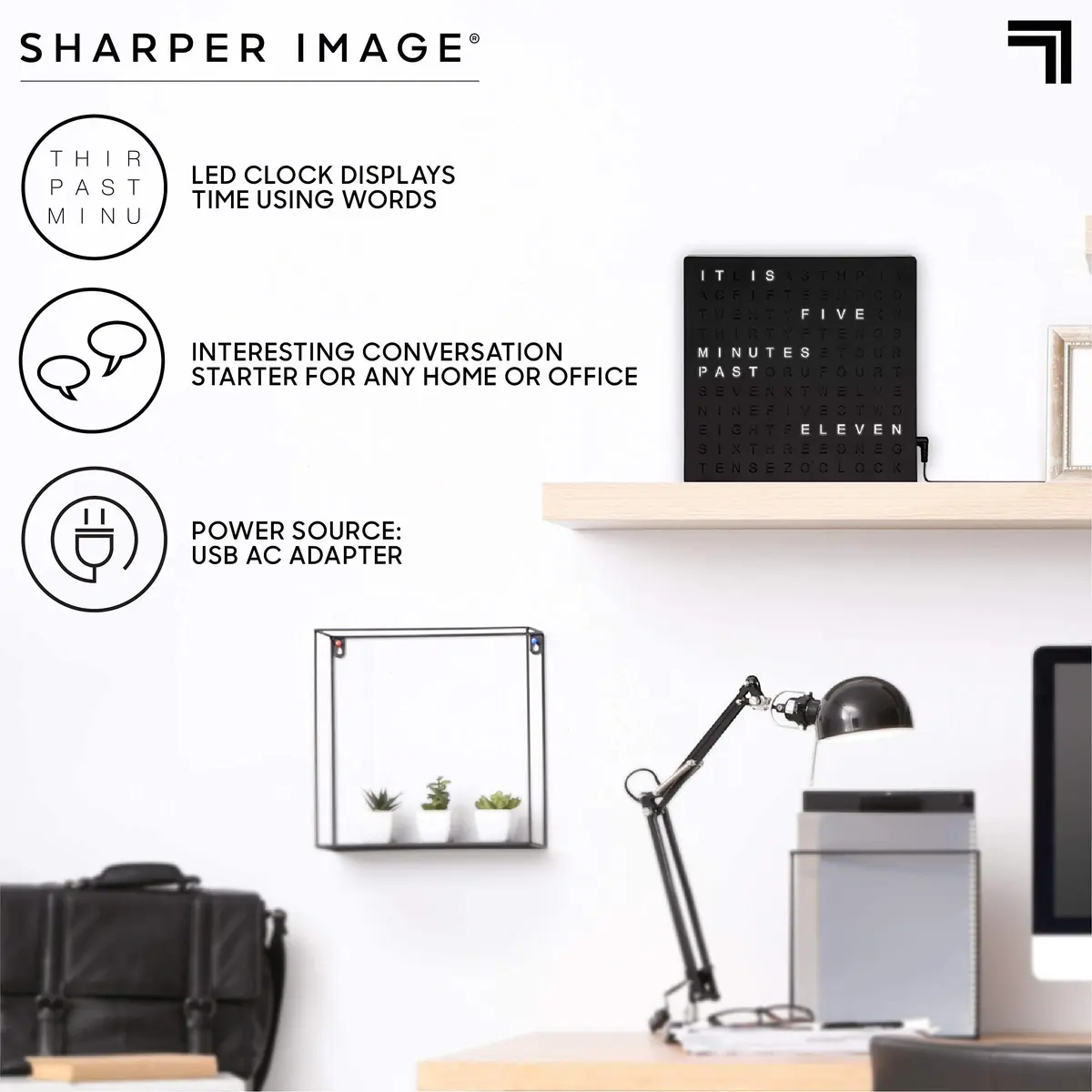 Sharper Image LED Word Digital Clock 7.75" Black Finish | Modern Time Display with Illuminated Words - view 3