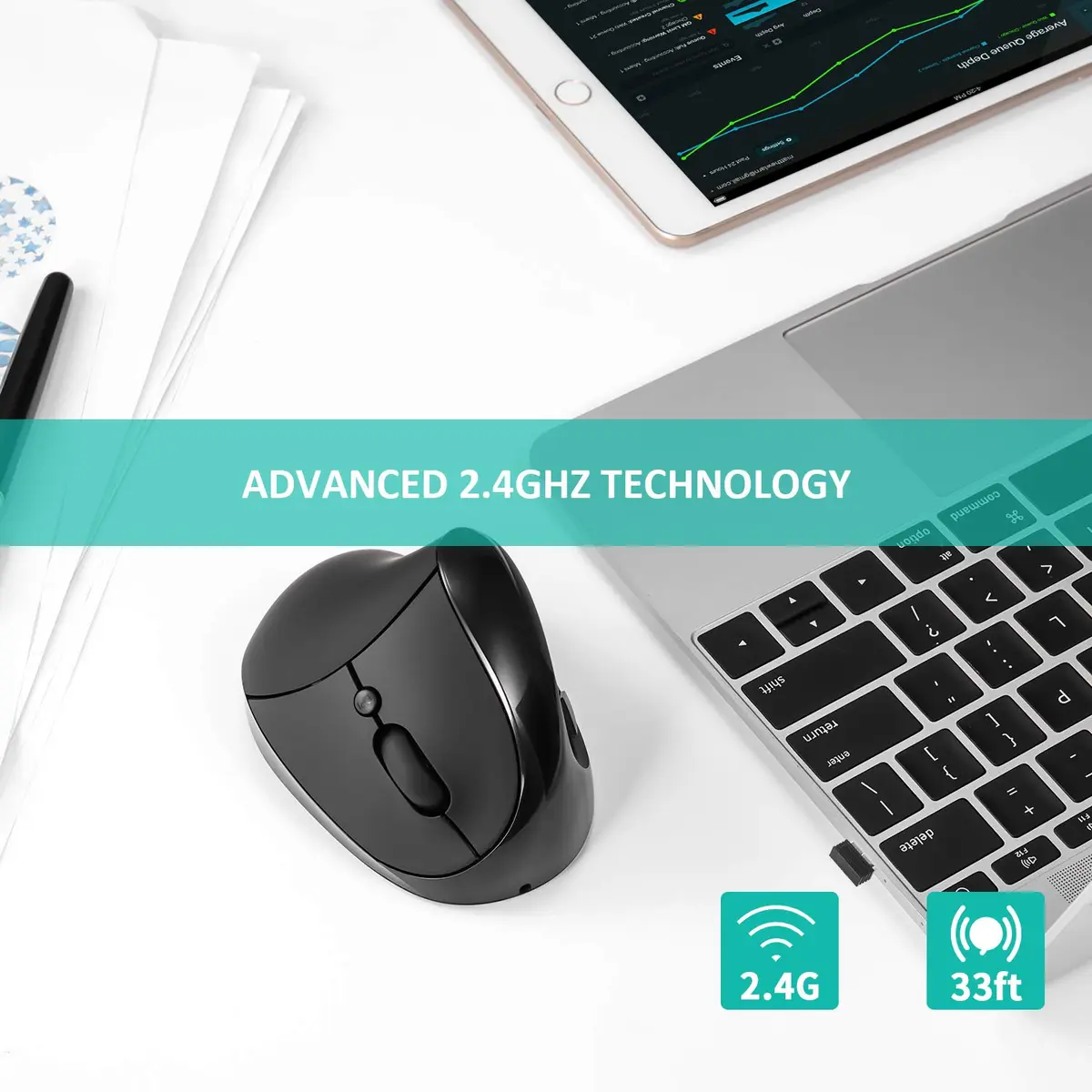 AURTEC Vertical Mouse 2.4G Wireless Ergonomic Mouse | Rechargeable, 6 Buttons, 800/1200/1600 DPI, Black - view 3