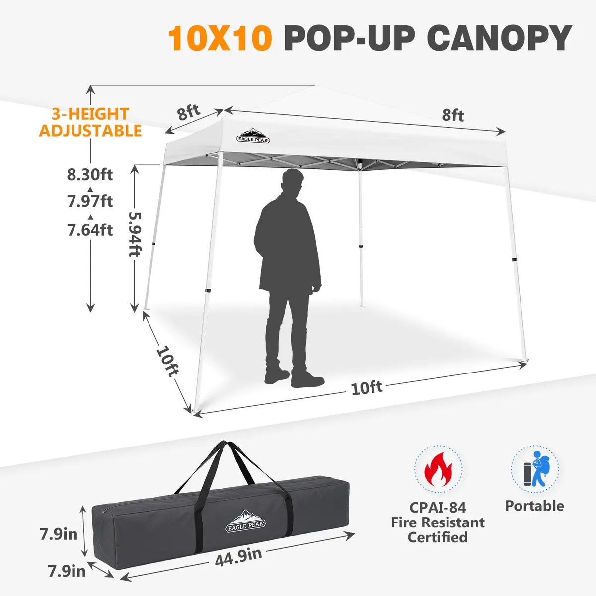 EAGLE PEAK 10x10 Slant Leg Pop Up Canopy Tent, White | Portable Outdoor Shelter with UPF 50+ UV Protection - view 3