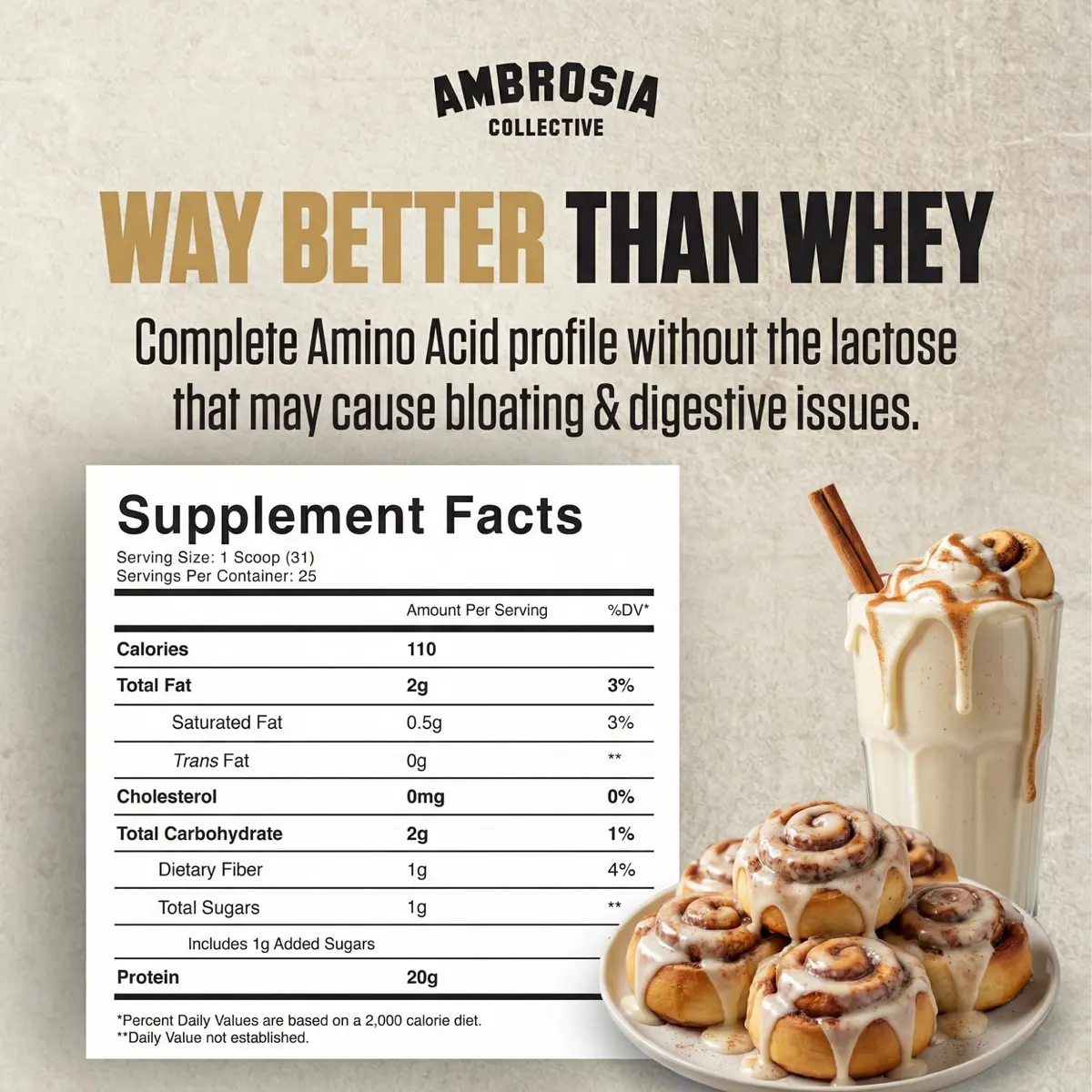 Ambrosia Plant Based Protein Powder 20g | Vegan & Keto Friendly Cinnamon Roll | Gluten & Dairy Free | 25 Servings - view 2