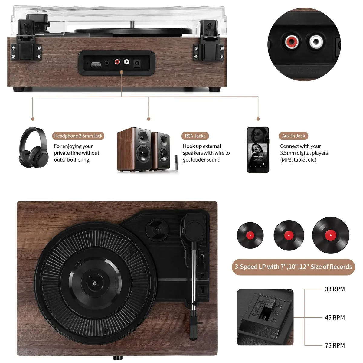 Cotsoco Vinyl Record Player Turntable with Bluetooth & 2 Stereo Speakers | 3 Speed Portable Retro - view 3