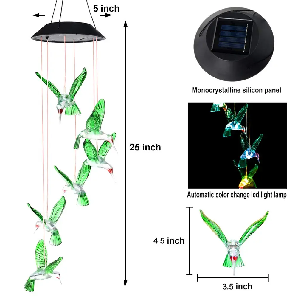 SIX FOXES Wind Chime, Solar Hummingbird | Colorful Outdoor/Indoor Decor with Light (Hummingbird-2, Multicolor) - view 6