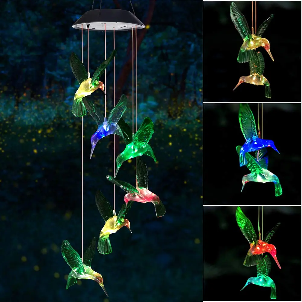 SIX FOXES Wind Chime, Solar Hummingbird | Colorful Outdoor/Indoor Decor with Light (Hummingbird-2, Multicolor) - main product image