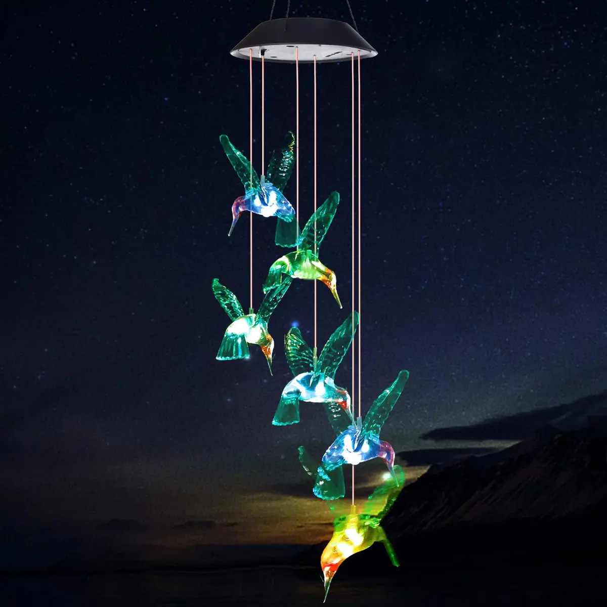 SIX FOXES Wind Chime, Solar Hummingbird | Colorful Outdoor/Indoor Decor with Light (Hummingbird-2, Multicolor) - view 2