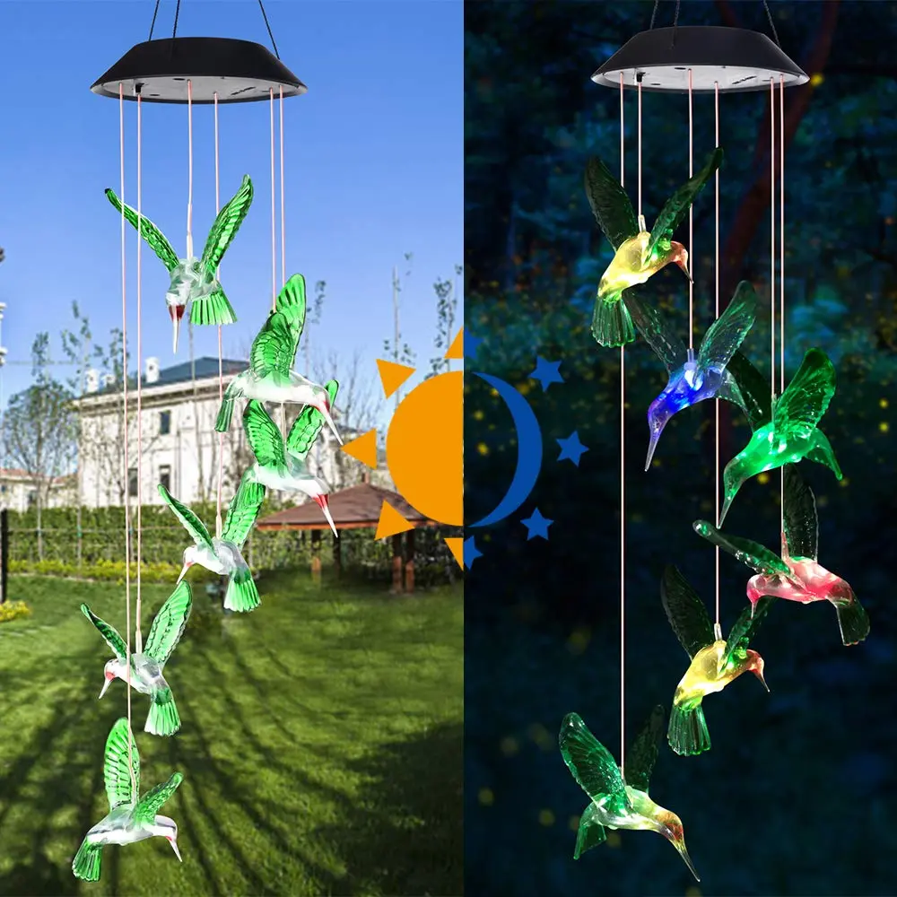 SIX FOXES Wind Chime, Solar Hummingbird | Colorful Outdoor/Indoor Decor with Light (Hummingbird-2, Multicolor) - view 3