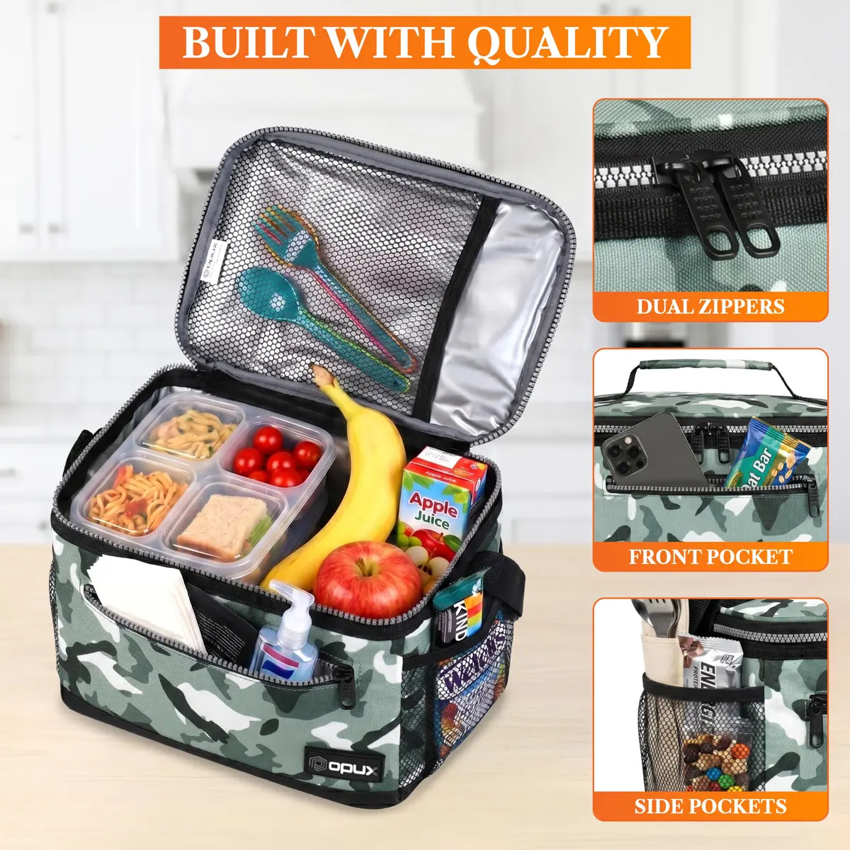 opux Insulated Lunch Bag for Men Women, Leakproof Kids, Camo Green | 8L Capacity, Thermal Insulation, Durable Nylon & Polyester - view 5