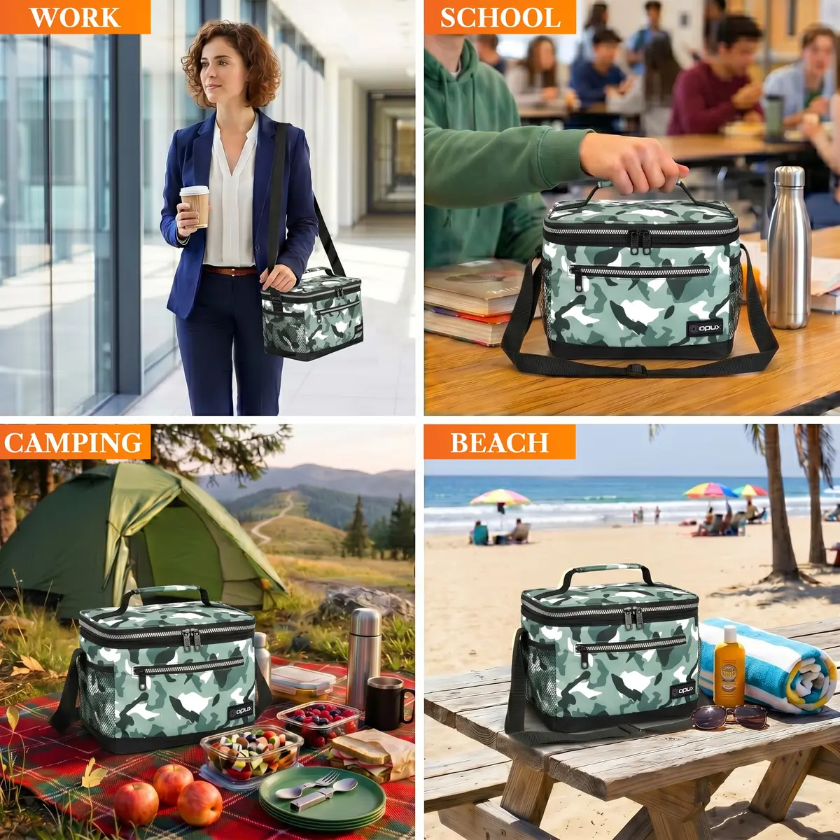 opux Insulated Lunch Bag for Men Women, Leakproof Kids, Camo Green | 8L Capacity, Thermal Insulation, Durable Nylon & Polyester - view 7