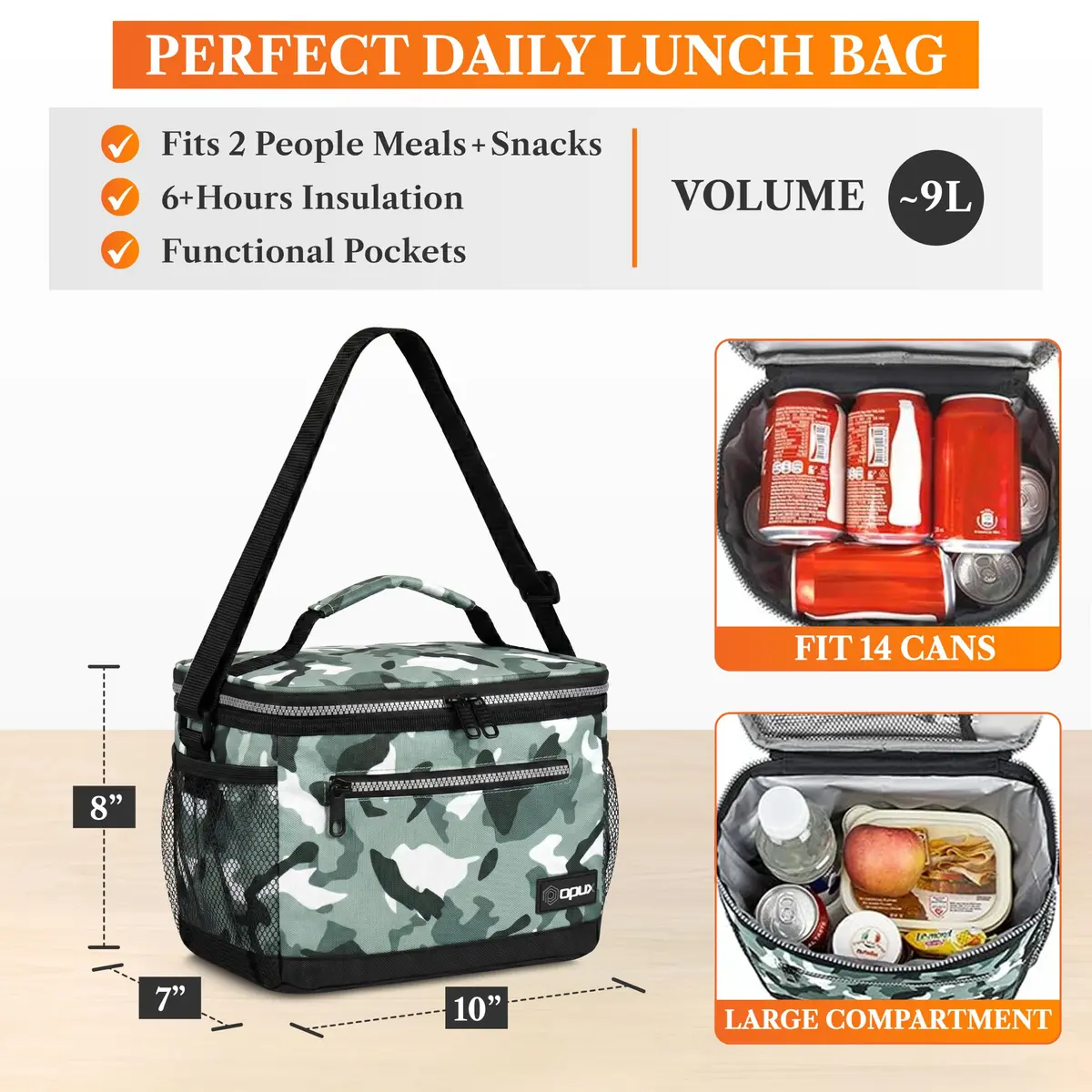 opux Insulated Lunch Bag for Men Women, Leakproof Kids, Camo Green | 8L Capacity, Thermal Insulation, Durable Nylon & Polyester - view 2