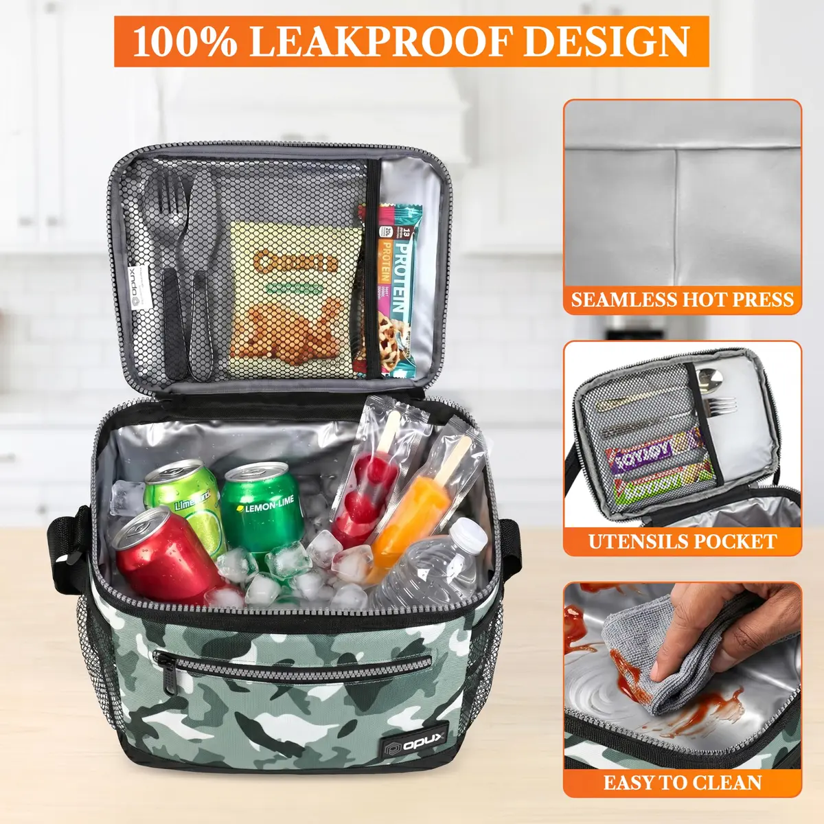opux Insulated Lunch Bag for Men Women, Leakproof Kids, Camo Green | 8L Capacity, Thermal Insulation, Durable Nylon & Polyester - view 4