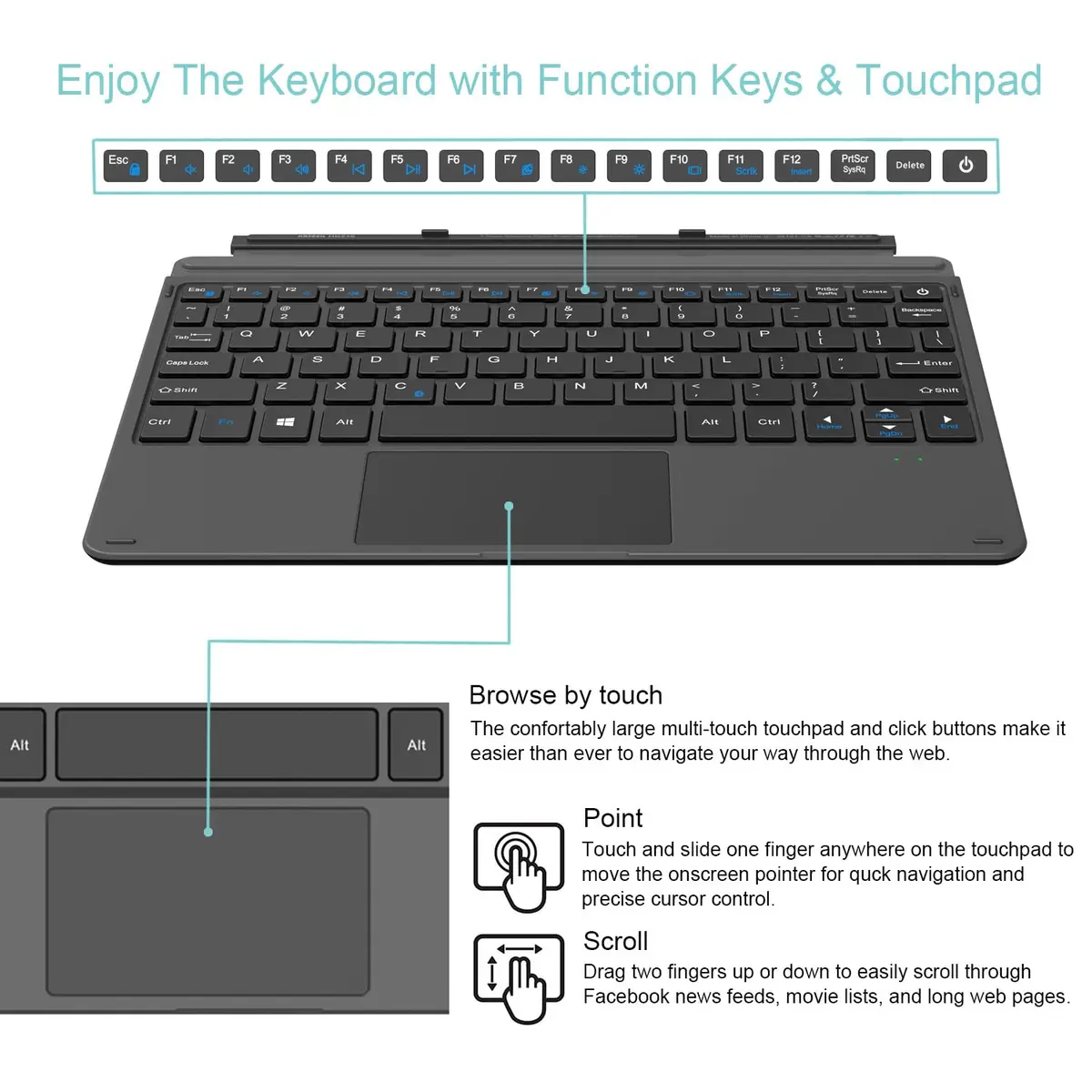 Arteck Surface Go Type Cover Bluetooth Keyboard with Touchpad | Black - view 3