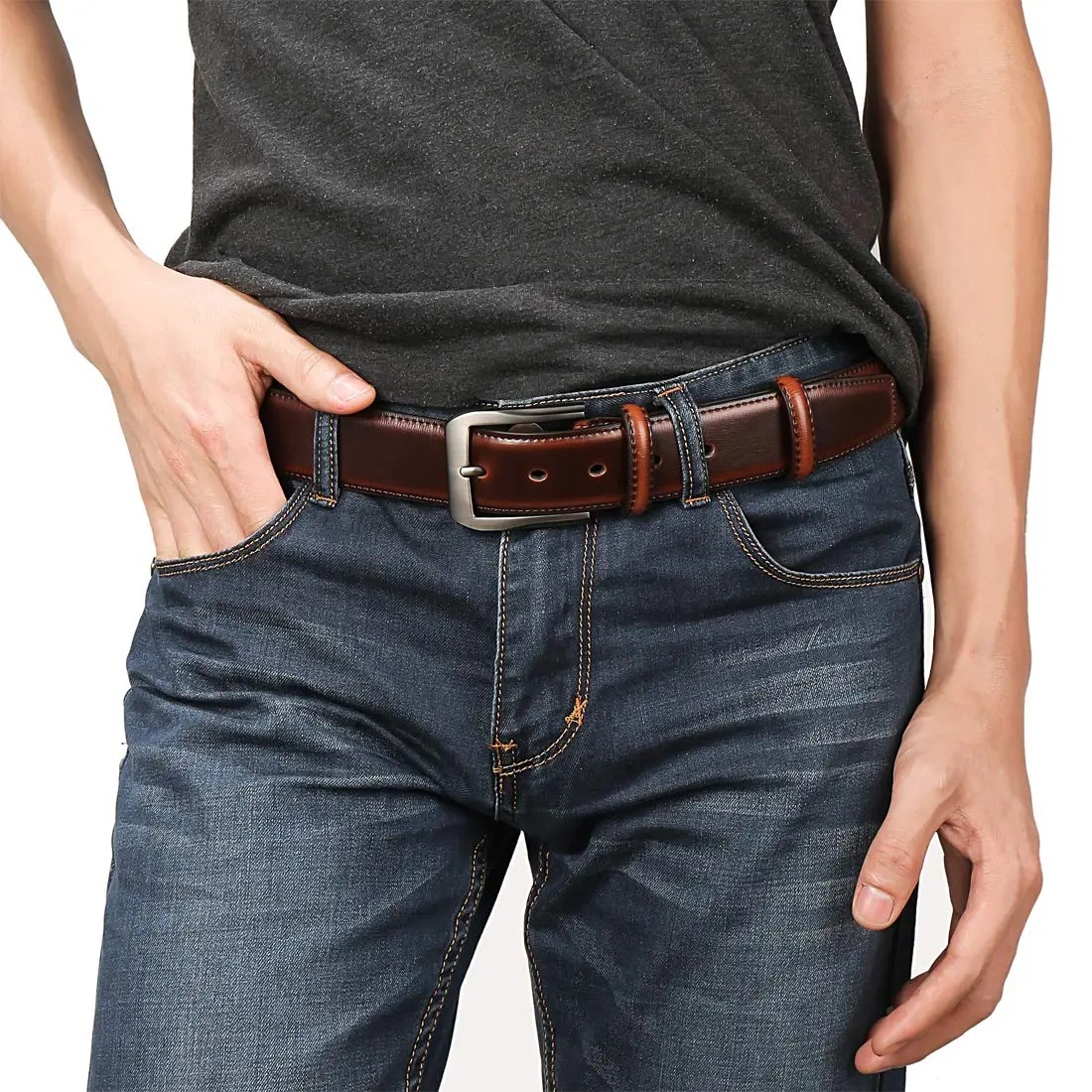 beltox fine Men's Genuine Leather Jeans Belt 38mm (1.5") Wide, Cognac, Size 30-31 | Cut-to-Fit Alloy Prong Buckle - view 5