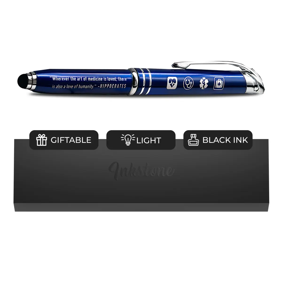 Inkstone Medical Quote Stylus Pen with LED Light & Black Ink | 0.5mm Fine Point, Refillable, Blue Body - main product image