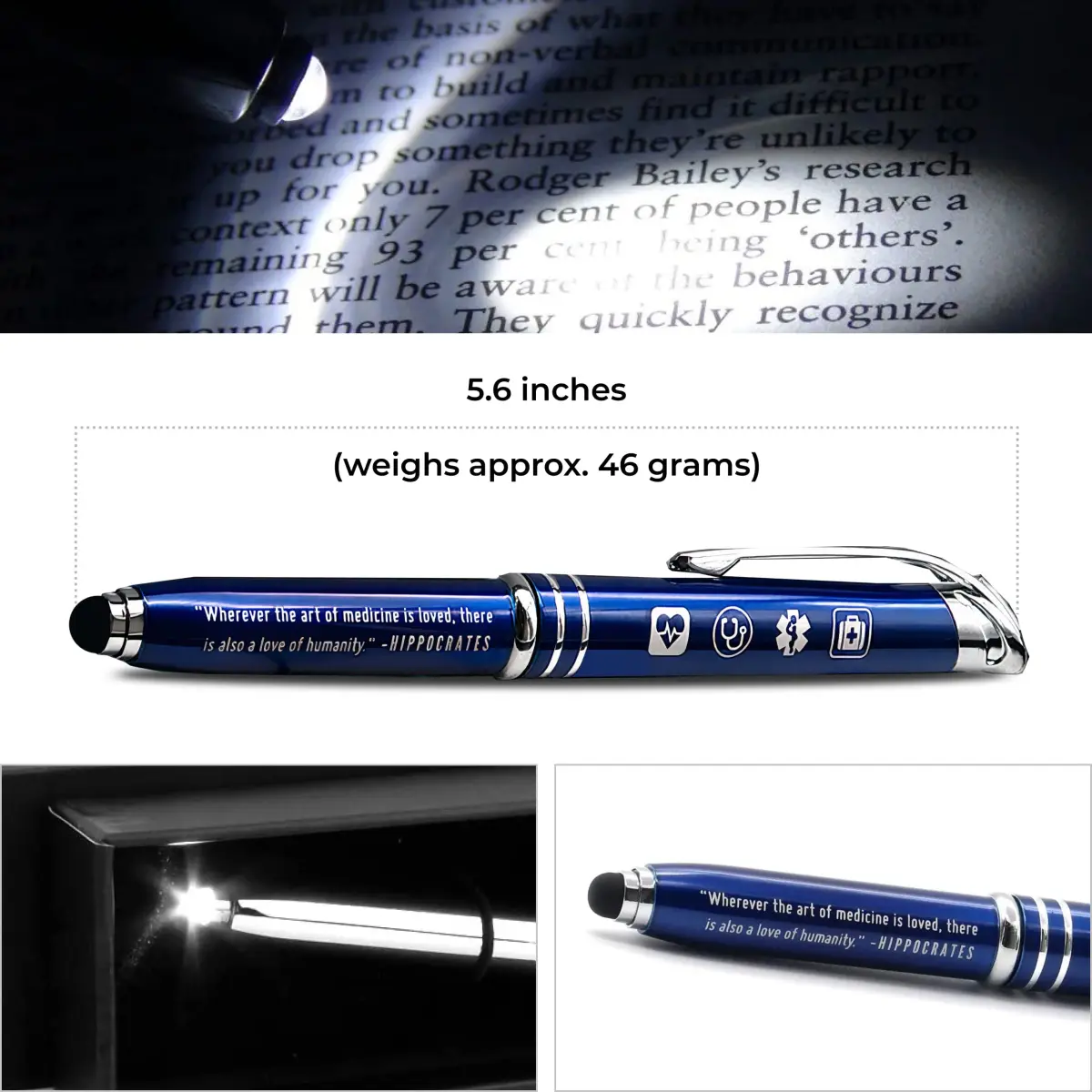 Inkstone Medical Quote Stylus Pen with LED Light & Black Ink | 0.5mm Fine Point, Refillable, Blue Body - view 7