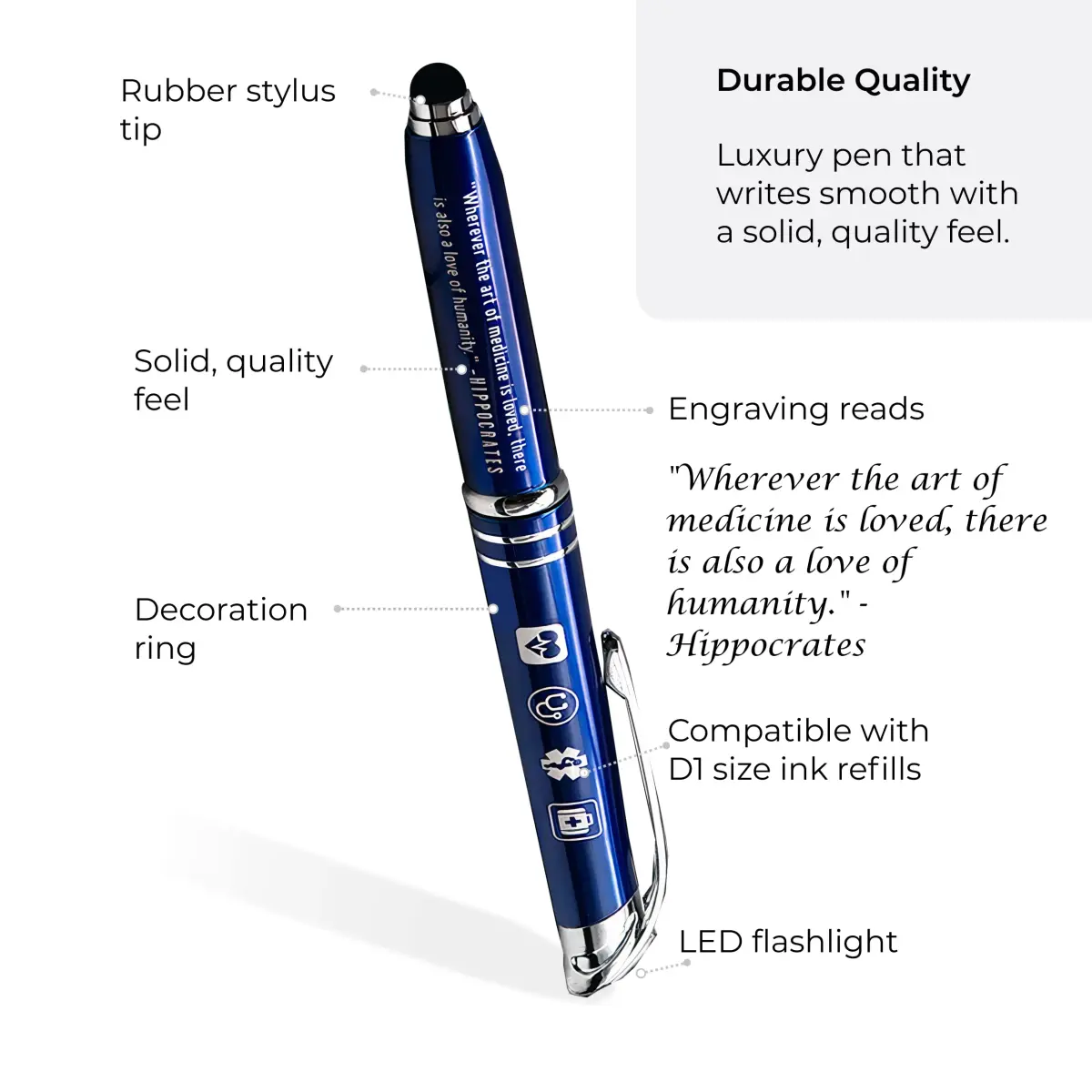 Inkstone Medical Quote Stylus Pen with LED Light & Black Ink | 0.5mm Fine Point, Refillable, Blue Body - view 2