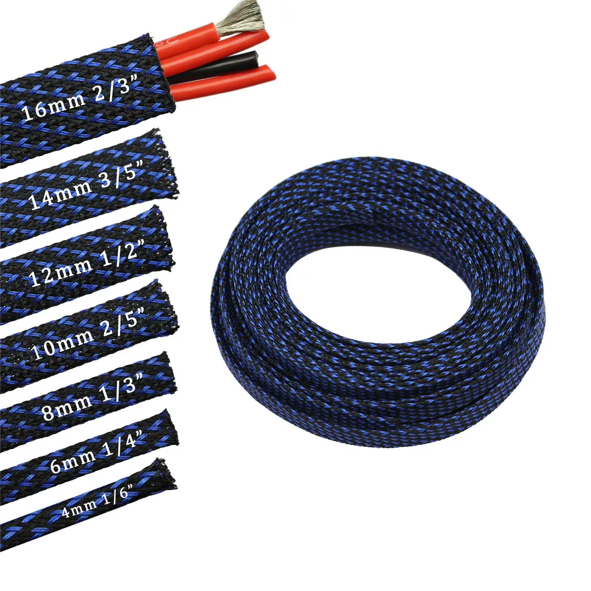 CBAZY 30ft PET Expandable Wire Cable Sleeve 0.1" (0.25cm) Blue&Black | Fire-Resistant & Flexible Cord Management - main product image