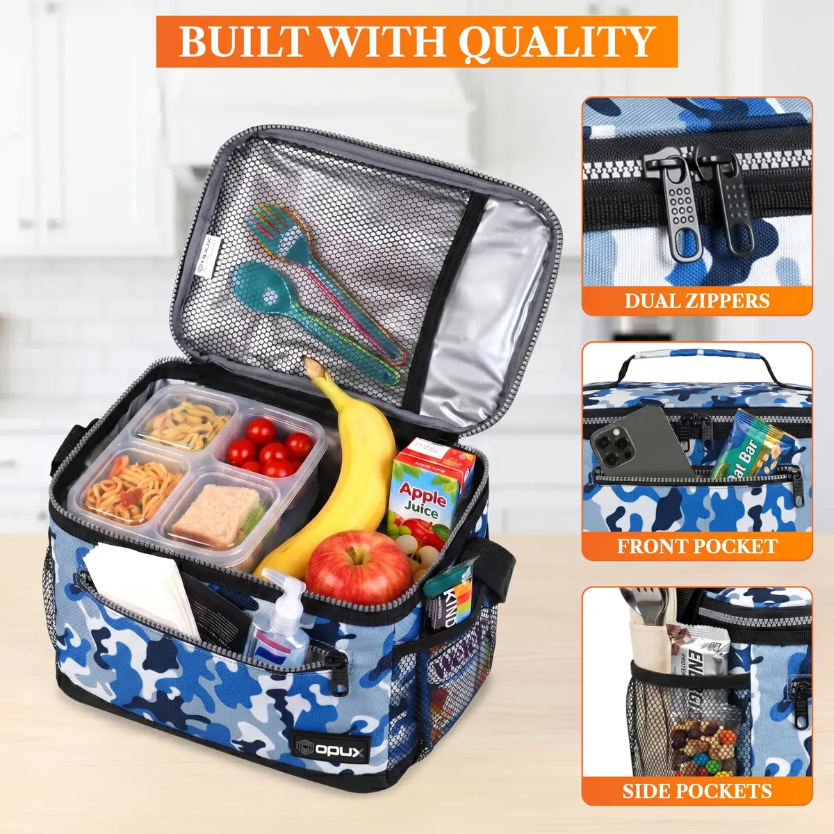 opux Insulated Lunch Bag for Men Women, Camo Blue Medium 8L Capacity | Leakproof Kids Lunch Box for Office, School, Travel - view 5