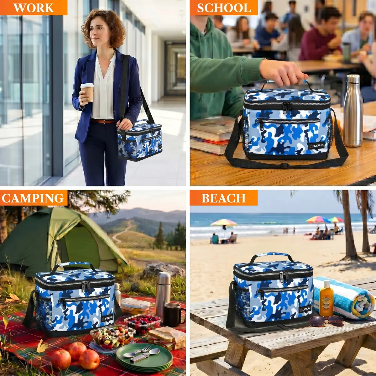 opux Insulated Lunch Bag for Men Women, Camo Blue Medium 8L Capacity | Leakproof Kids Lunch Box for Office, School, Travel - view 7
