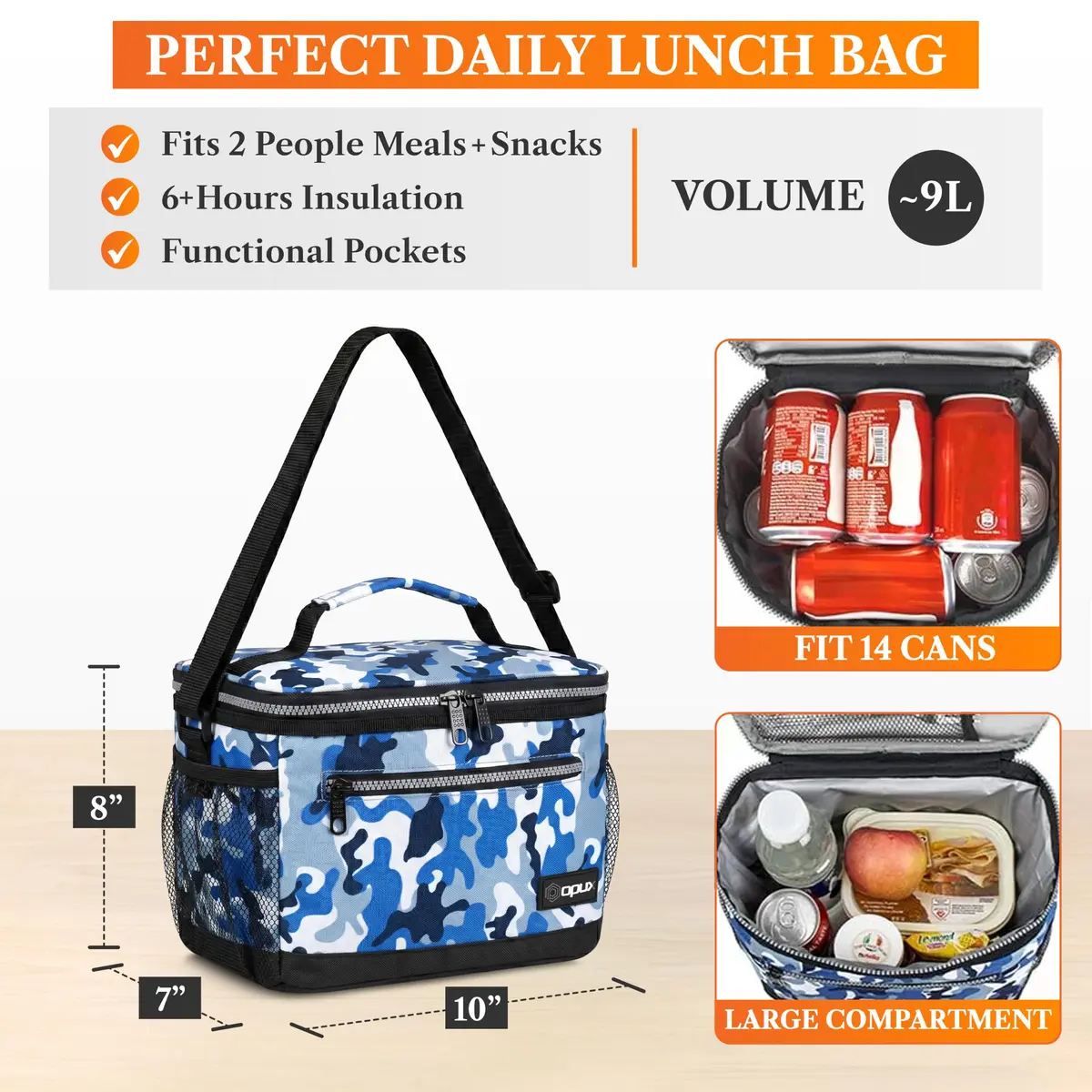 opux Insulated Lunch Bag for Men Women, Camo Blue Medium 8L Capacity | Leakproof Kids Lunch Box for Office, School, Travel - view 2