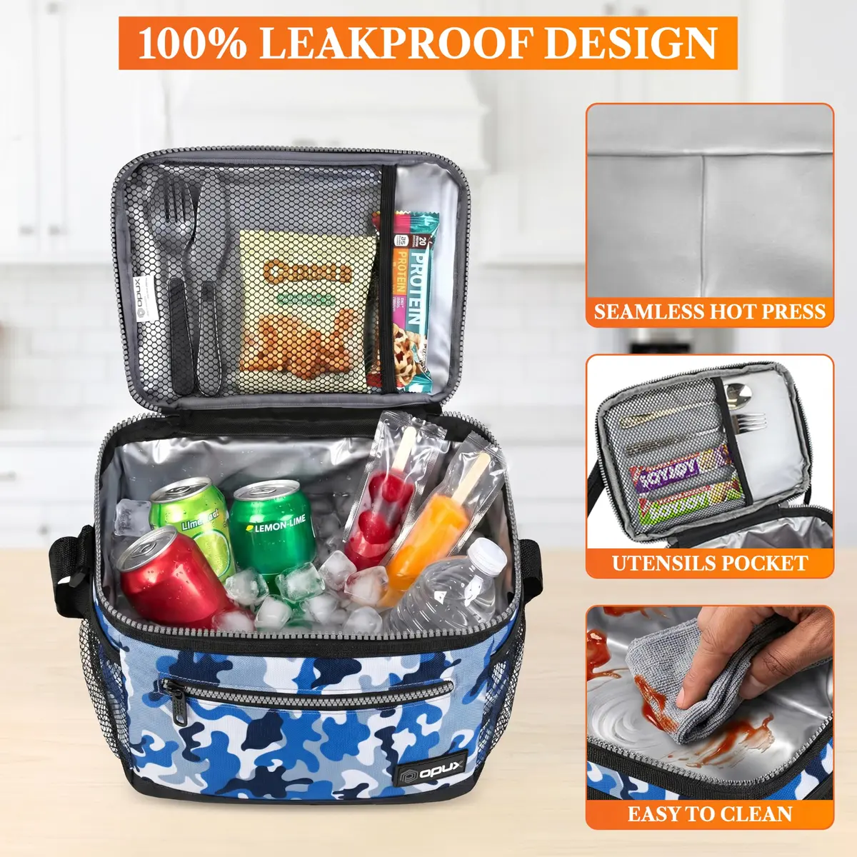 opux Insulated Lunch Bag for Men Women, Camo Blue Medium 8L Capacity | Leakproof Kids Lunch Box for Office, School, Travel - view 4