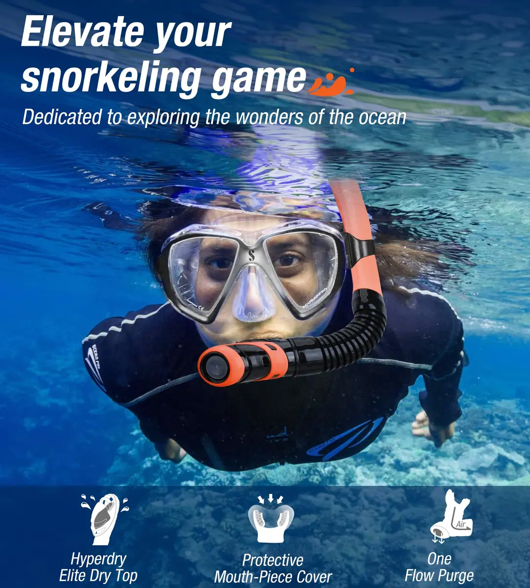 Aegend Snorkel Set for Adults & Youth | Dry Top, Purge Valve, Flexible Tube (One Size, Orange) - view 6