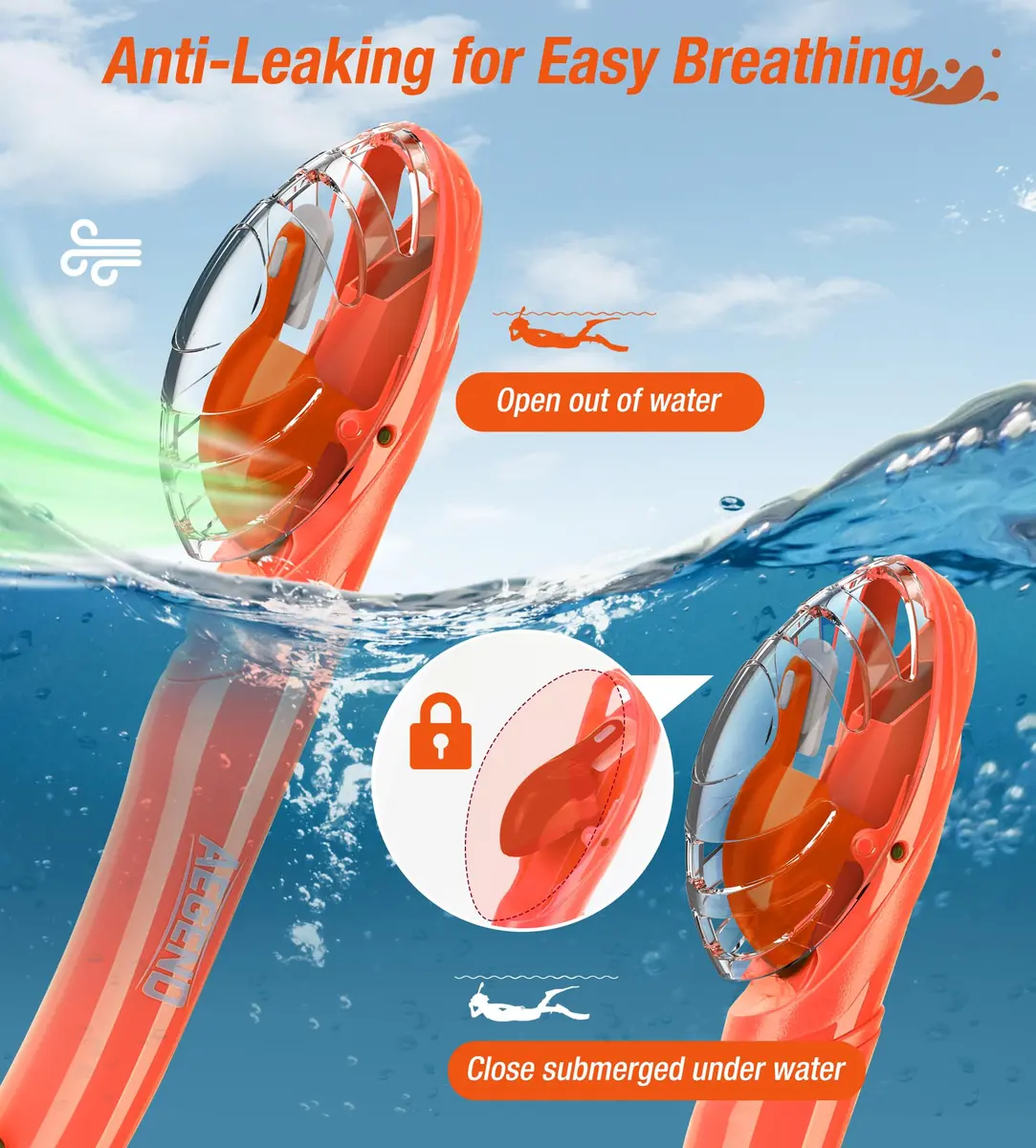 Aegend Snorkel Set for Adults & Youth | Dry Top, Purge Valve, Flexible Tube (One Size, Orange) - view 2