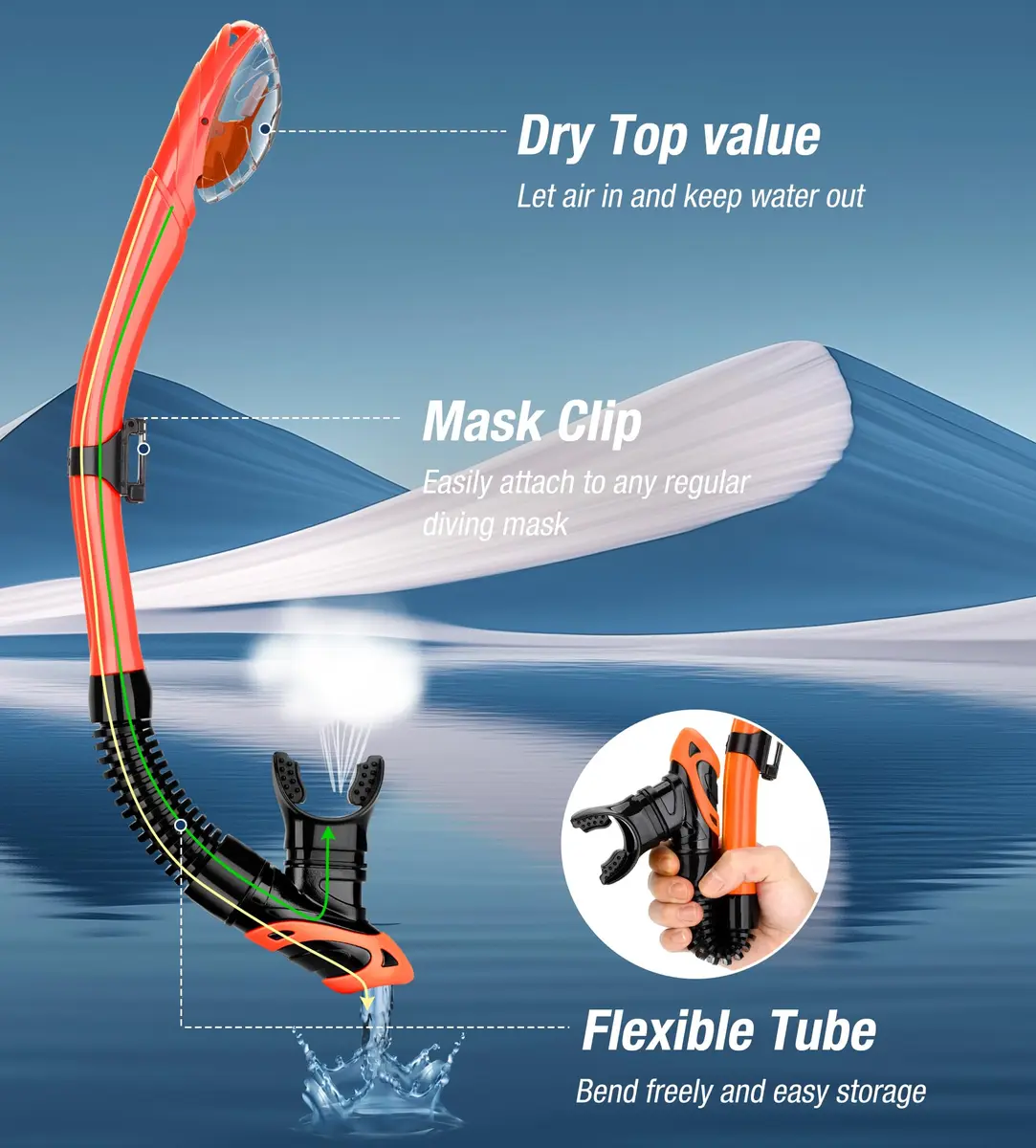 Aegend Snorkel Set for Adults & Youth | Dry Top, Purge Valve, Flexible Tube (One Size, Orange) - view 3