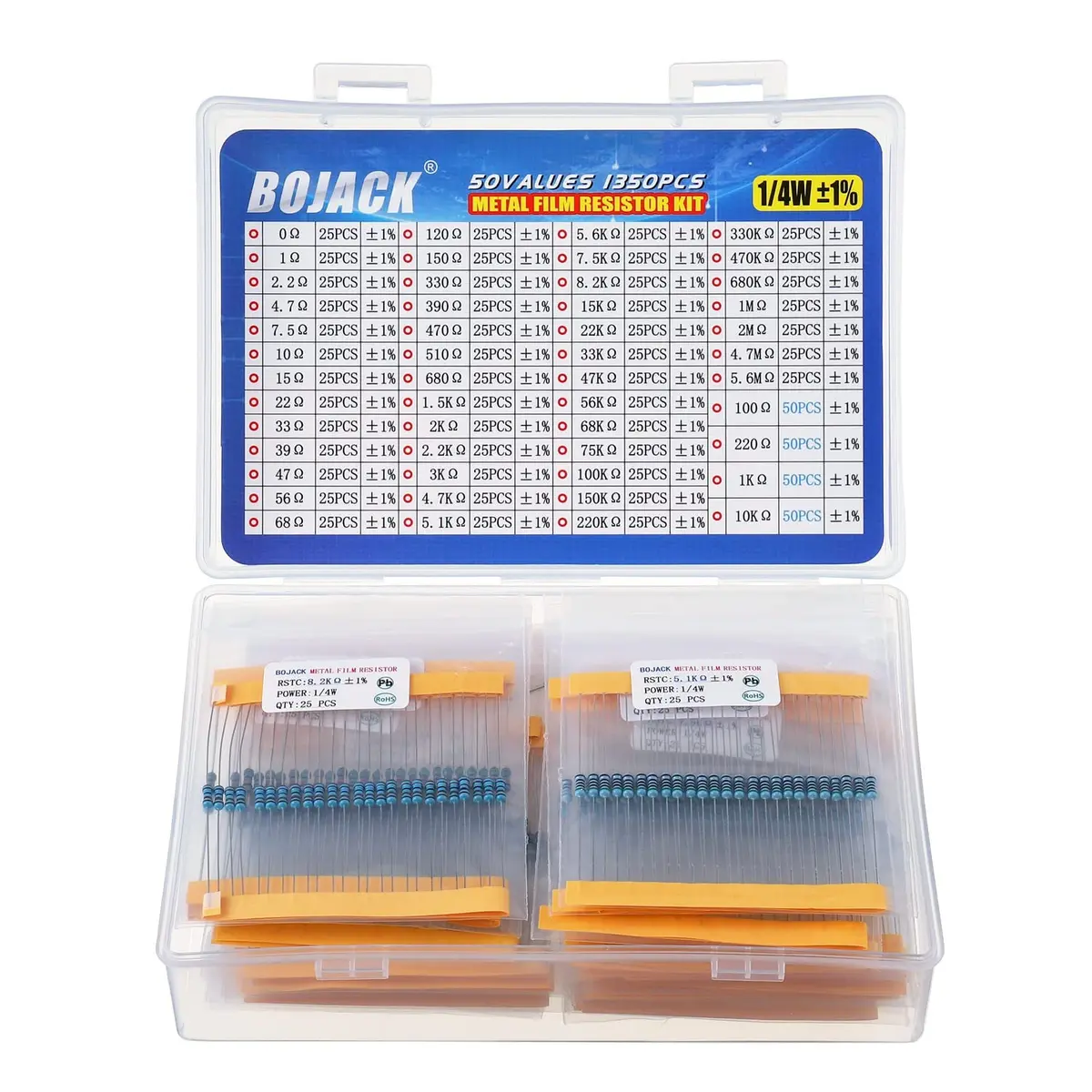 BOJACK Fixed Resistor Kit 1350 pcs 50 Values 1% 0Ω-5.6MΩ | Assorted Metal Film Resistors - main product image