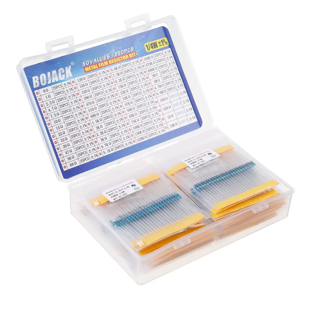 BOJACK Fixed Resistor Kit 1350 pcs 50 Values 1% 0Ω-5.6MΩ | Assorted Metal Film Resistors - view 2