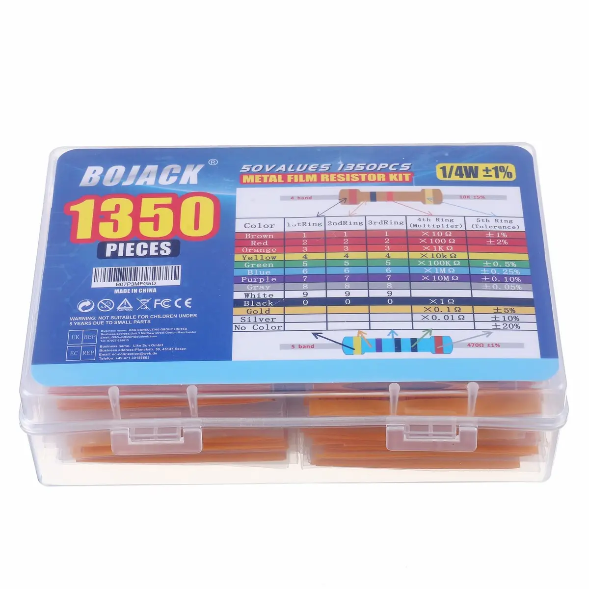 BOJACK Fixed Resistor Kit 1350 pcs 50 Values 1% 0Ω-5.6MΩ | Assorted Metal Film Resistors - view 3