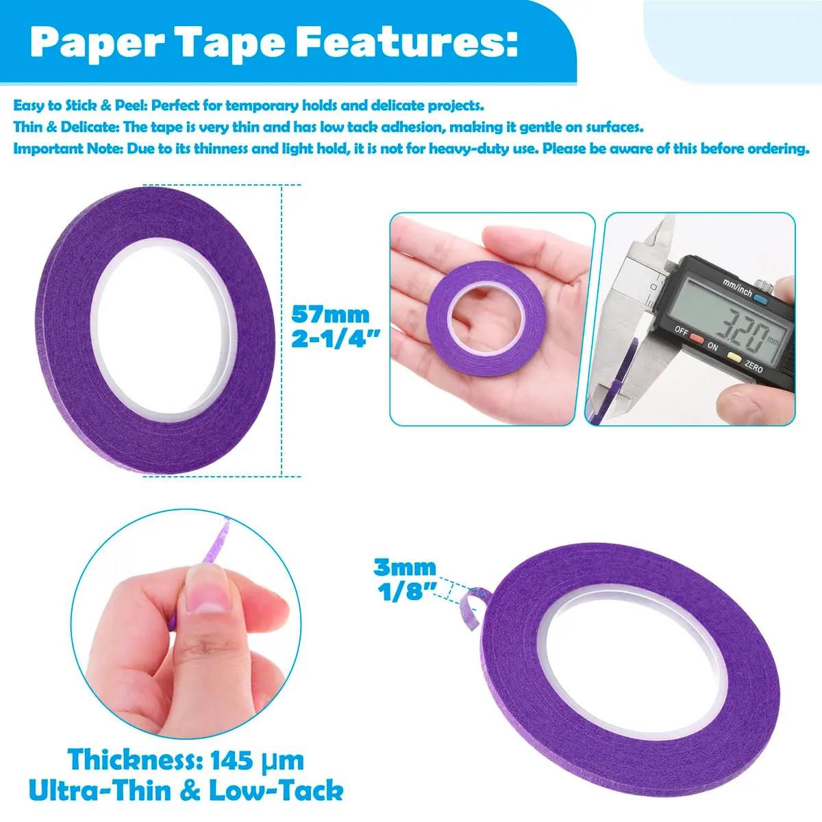 cridoz Whiteboard Tape 15 Rolls 1/8 Inch | Low-Tack Paper Grid Lines for Crafts & Surfaces - view 3
