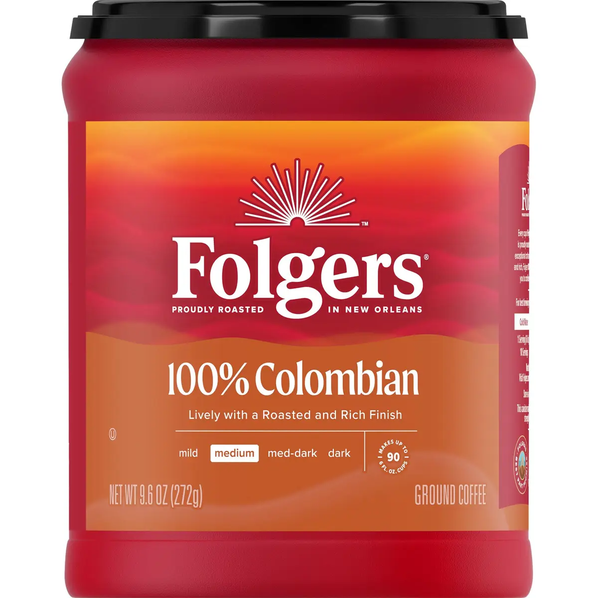 Folgers 100% Colombian Coffee, Medium Roast Ground Coffee, 9.6 Ounce Canister | Rich, Lively Flavor - main product image
