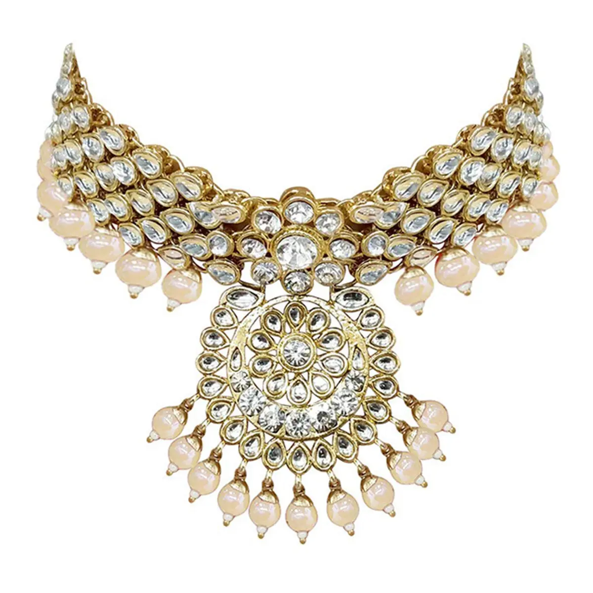 I Jewels 18k Gold Plated Kundan Pearl Bridal Necklace Set with Earrings & Maang Tikka | Traditional Indian Wedding Wear - view 6
