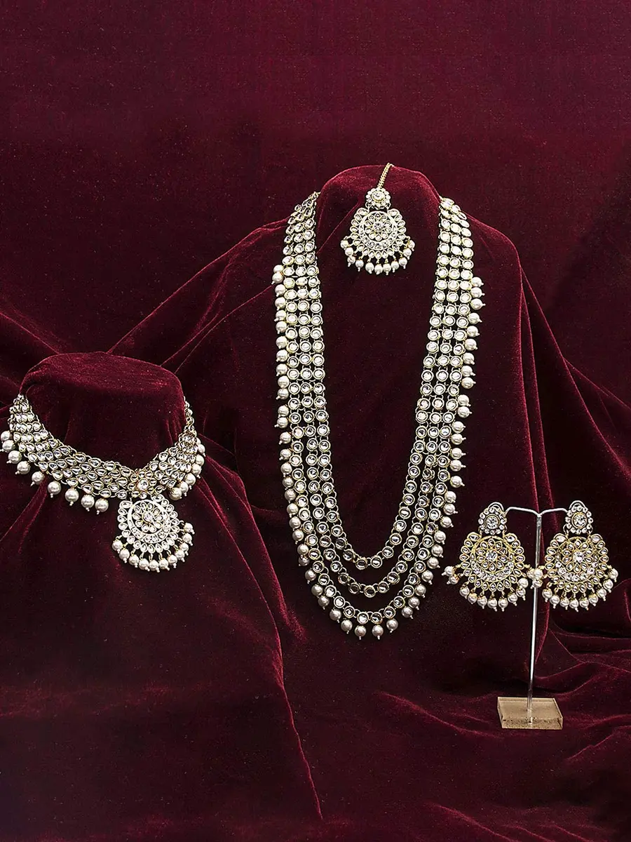 I Jewels 18k Gold Plated Kundan Pearl Bridal Necklace Set with Earrings & Maang Tikka | Traditional Indian Wedding Wear - view 2