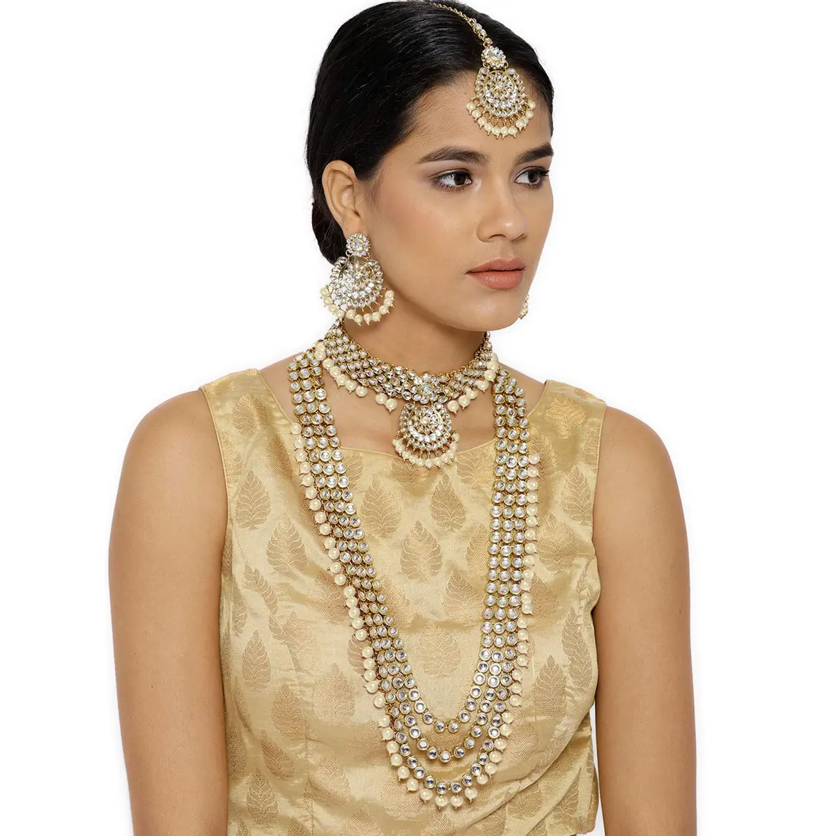 I Jewels 18k Gold Plated Kundan Pearl Bridal Necklace Set with Earrings & Maang Tikka | Traditional Indian Wedding Wear - view 3