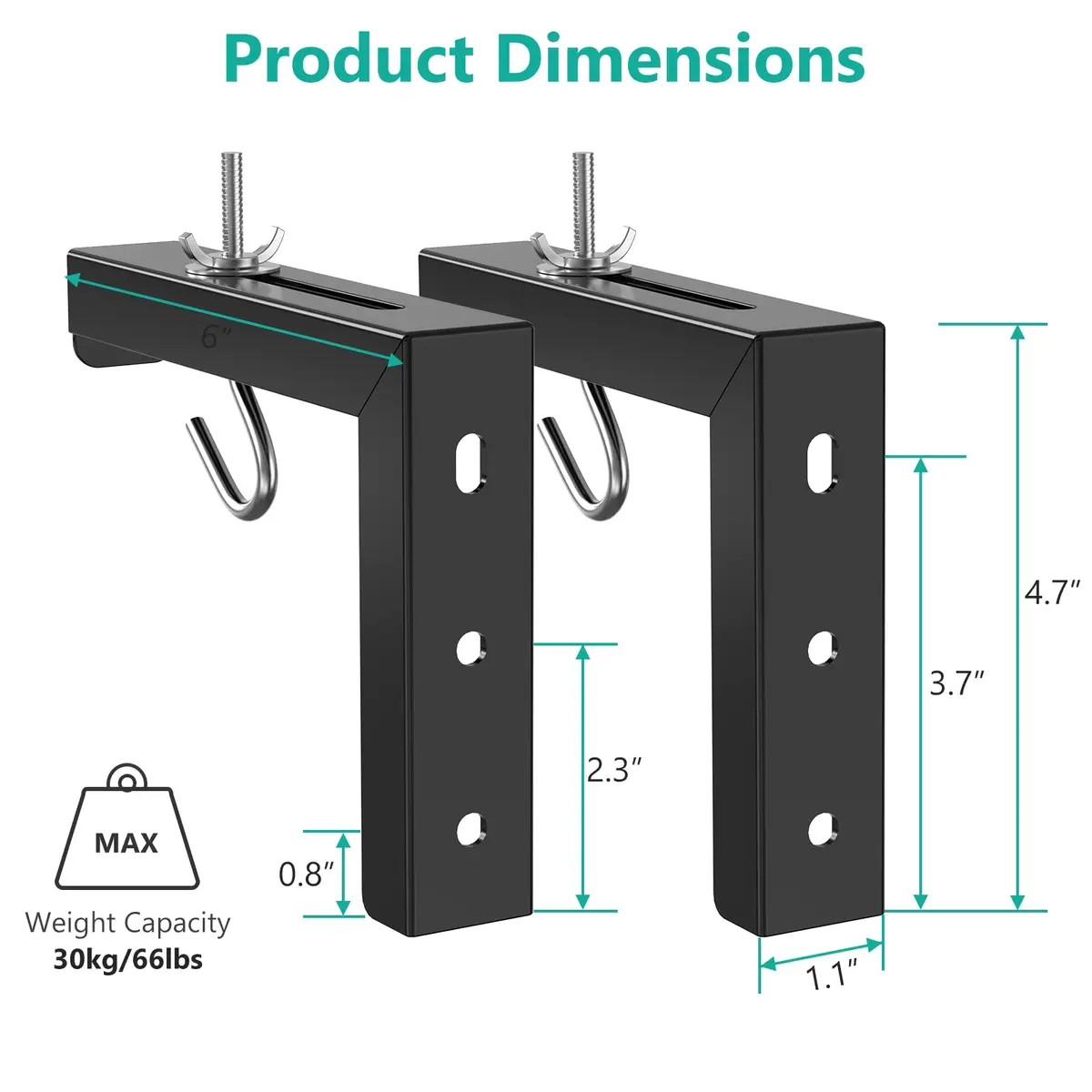 WALI Universal Projector Screen L-Brackets 6 Inch Adjustable Extension with Hook Kit | Black, 2-Pack, 66 lbs Capacity - view 4
