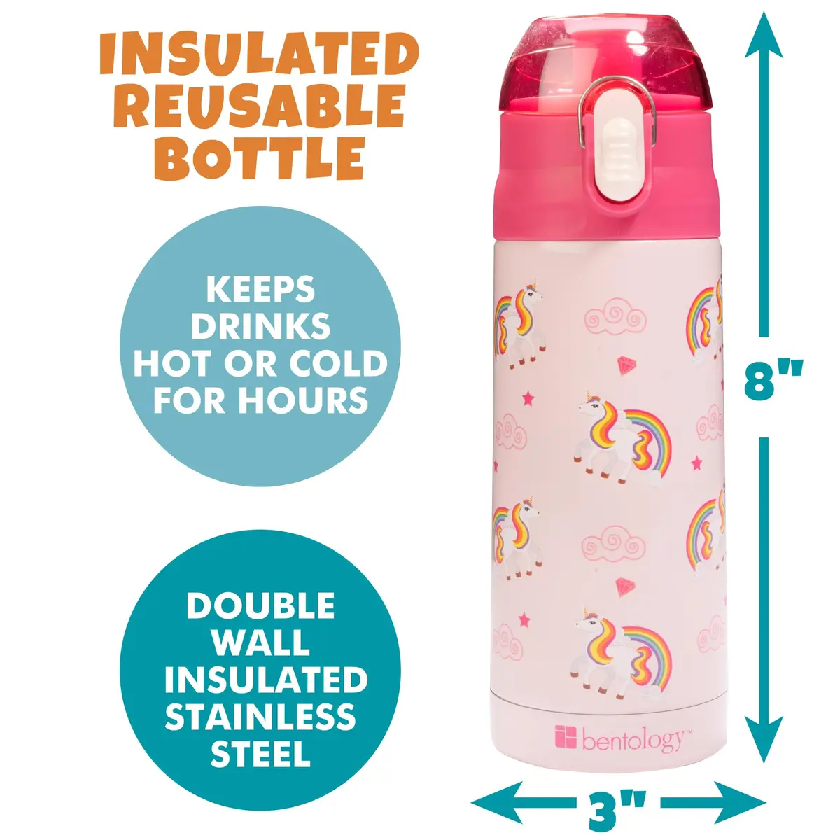 Bentology Unicorn Insulated Water Bottle 385ml (13 oz) | Kids Reusable Spill Proof BPA-Free - view 3