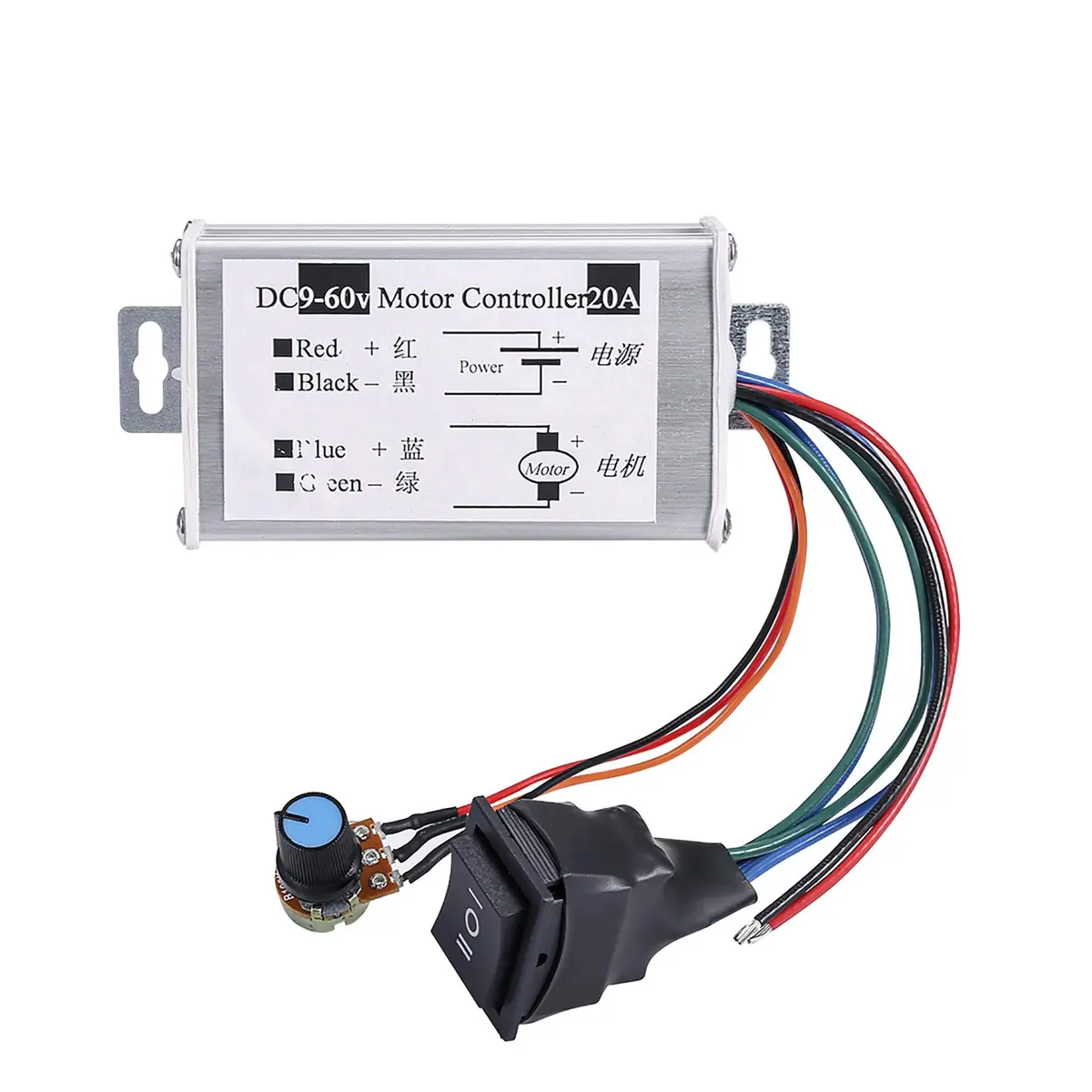 SDRGEEK DC Motor Speed Controller 9V-60V | 20A 1200W PWM Regulator with Switch & Knob - main product image