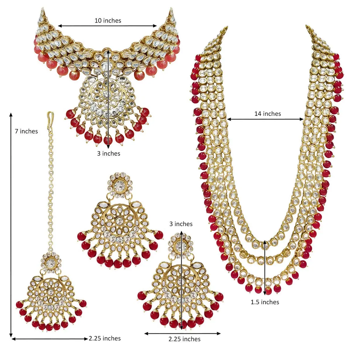 I Jewels Gold Plated Kundan Necklace Set Jewelry for Women (IJ325R) - 26" Necklace, 10" Choker, 7" Maang Tikka | Traditional Indian Wedding Wear - view 6