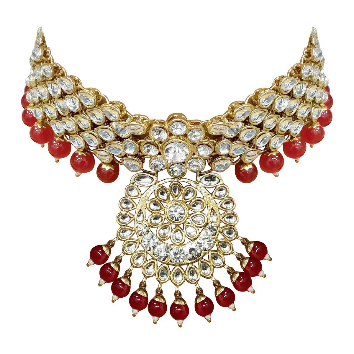 I Jewels Gold Plated Kundan Necklace Set Jewelry for Women (IJ325R) - 26" Necklace, 10" Choker, 7" Maang Tikka | Traditional Indian Wedding Wear - view 2